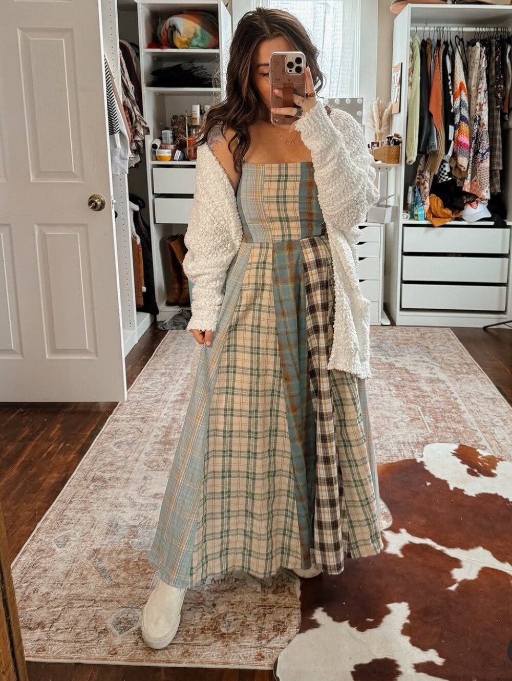 Shop Ivory Buck GiGio Teal Patchwork Plaid Square Neck Western Charm Midi Dress - Picture 6 of 15